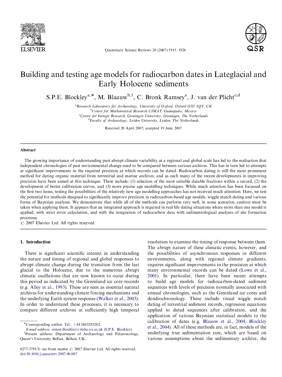 عکس صفحه اول مقاله: Building and testing age models for radiocarbon dates in Lateglacial and Early Holocene sediments Building and testing age models for radiocarbon dates in Lateglacial and Early Holocene sediments