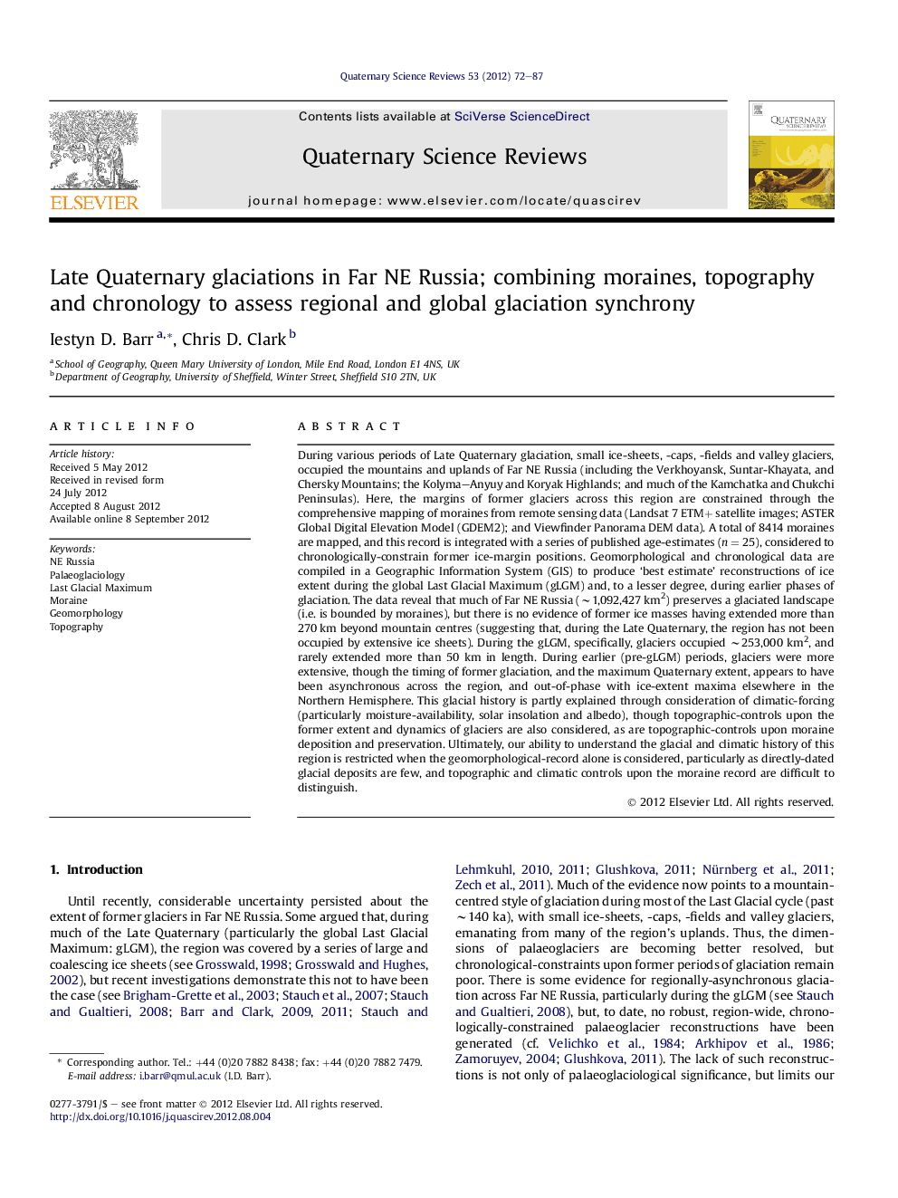 Late Quaternary glaciations in Far NE Russia; combining moraines, topography and chronology to assess regional and global glaciation synchrony