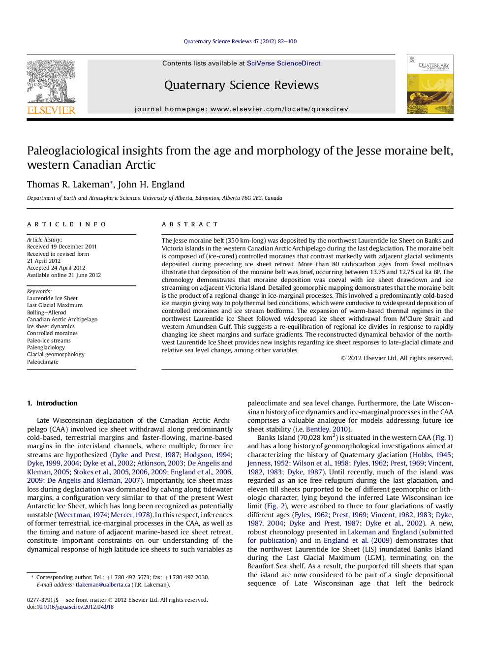 Paleoglaciological insights from the age and morphology of the Jesse moraine belt, western Canadian Arctic