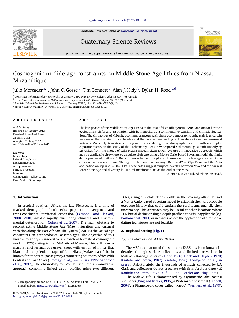 Cosmogenic nuclide age constraints on Middle Stone Age lithics from Niassa, Mozambique