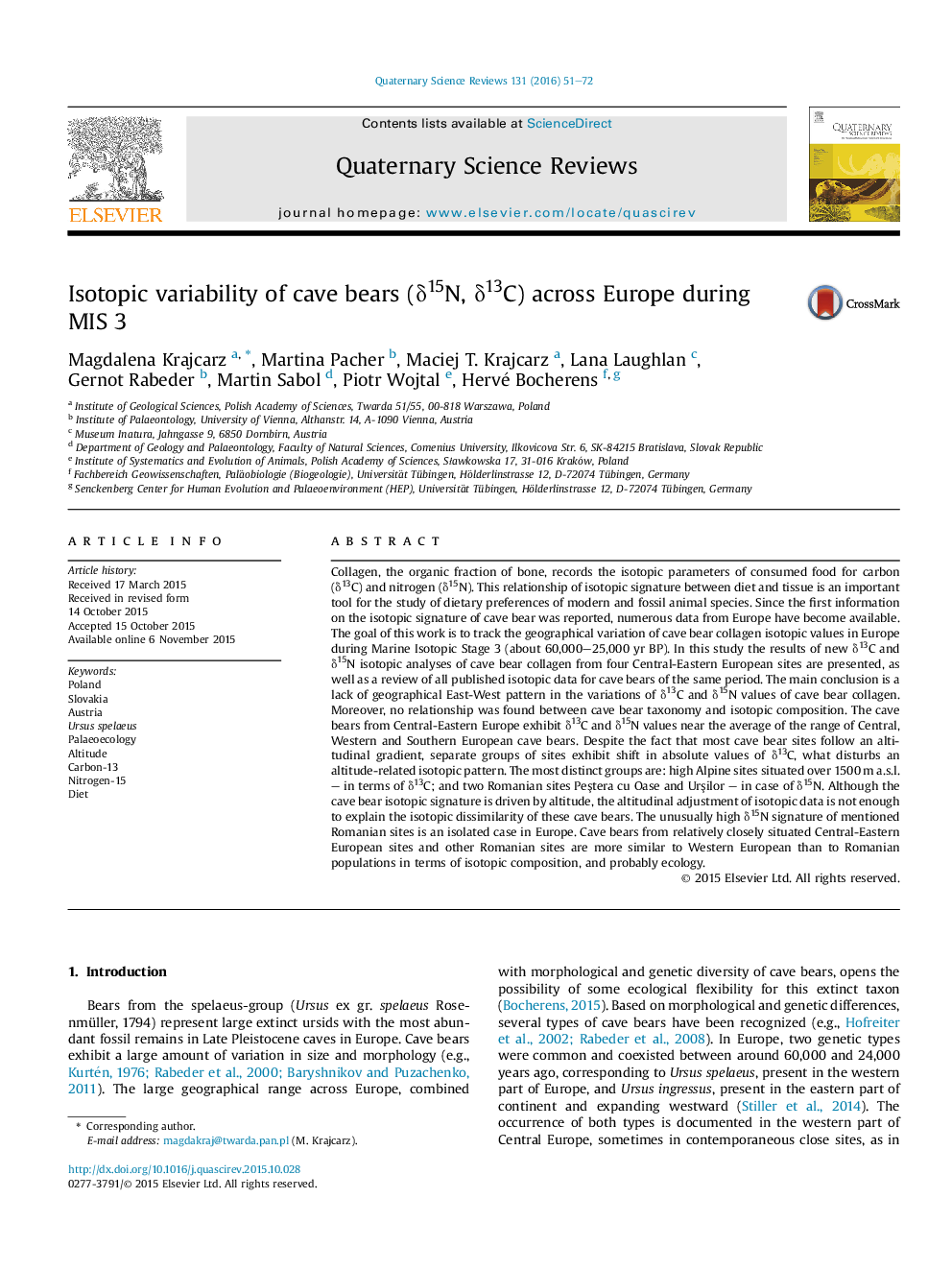 Isotopic variability of cave bears (δ15N, δ13C) across Europe during MIS 3