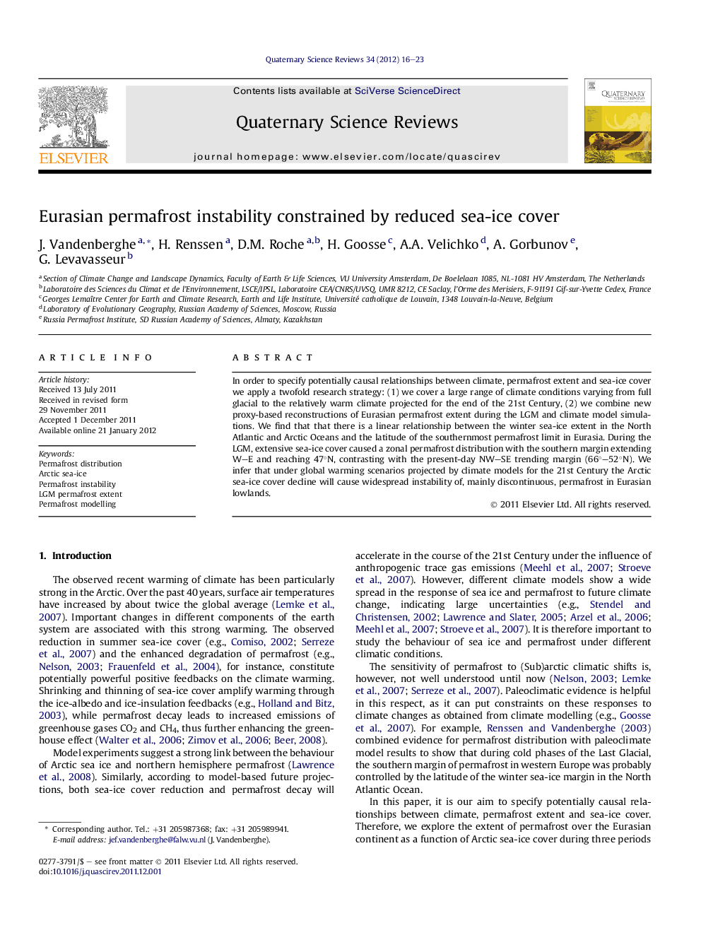 Eurasian permafrost instability constrained by reduced sea-ice cover