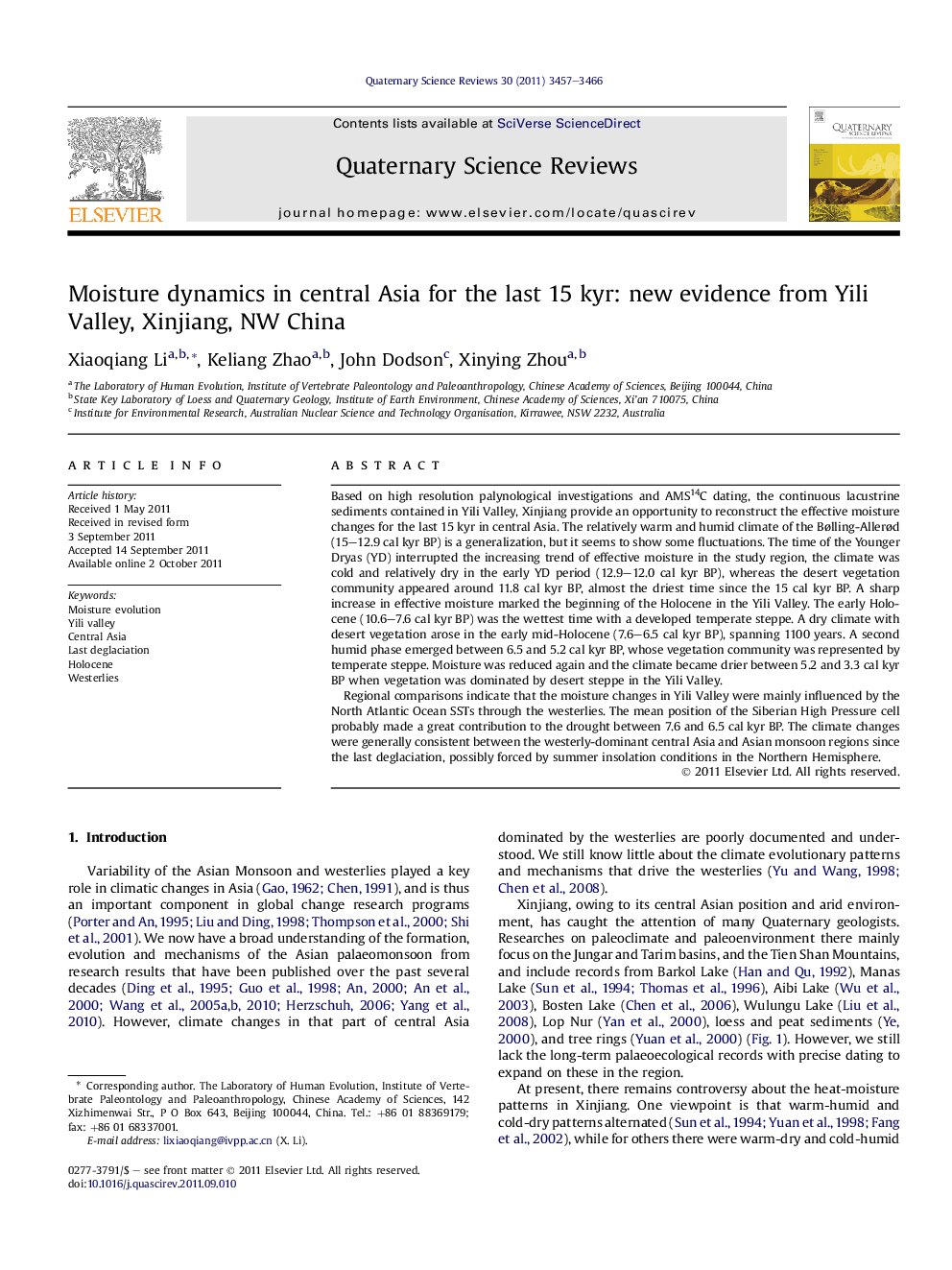 Moisture dynamics in central Asia for the last 15 kyr: new evidence from Yili Valley, Xinjiang, NW China