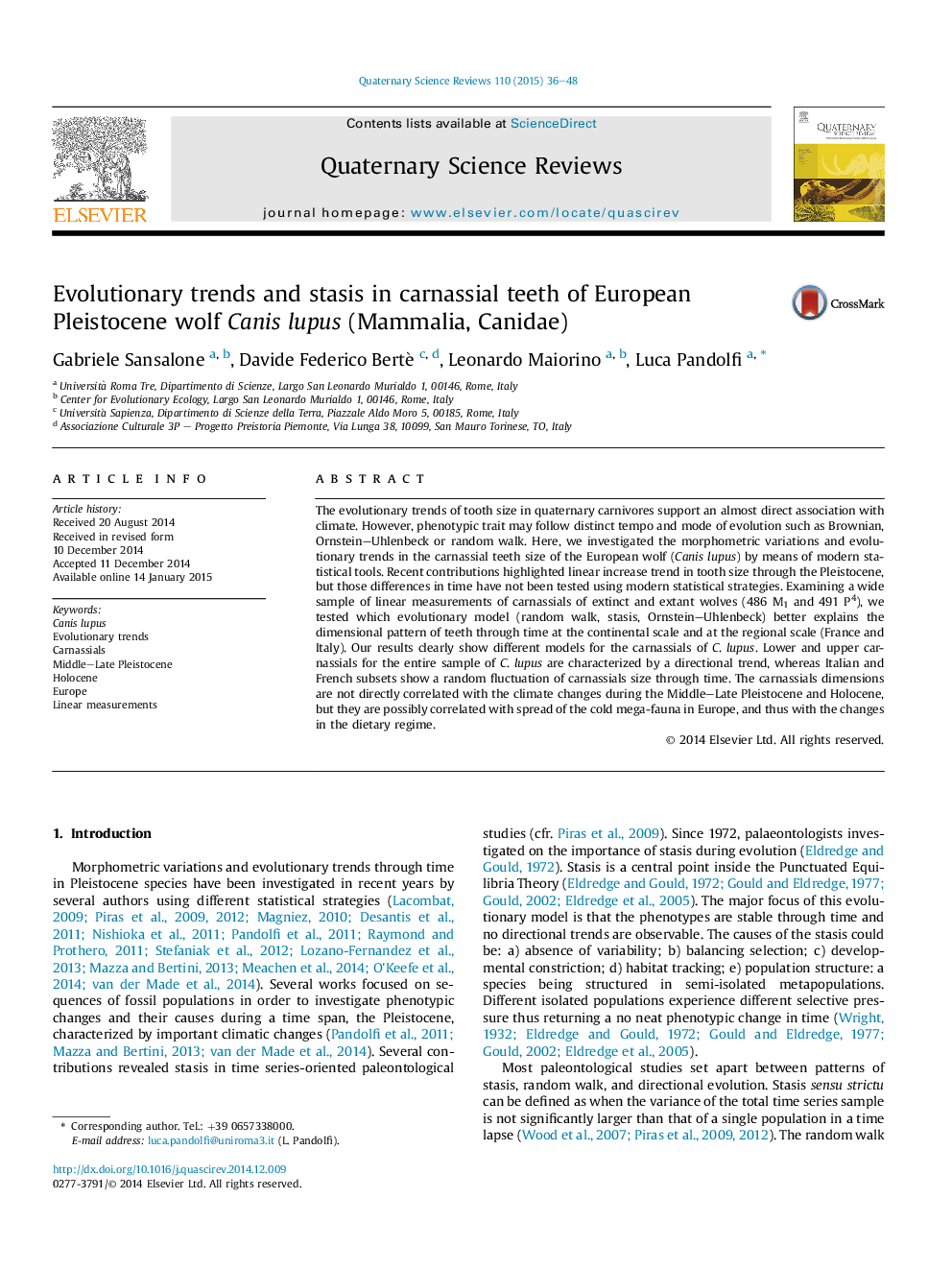 Evolutionary trends and stasis in carnassial teeth of European Pleistocene wolf Canis lupus (Mammalia, Canidae)