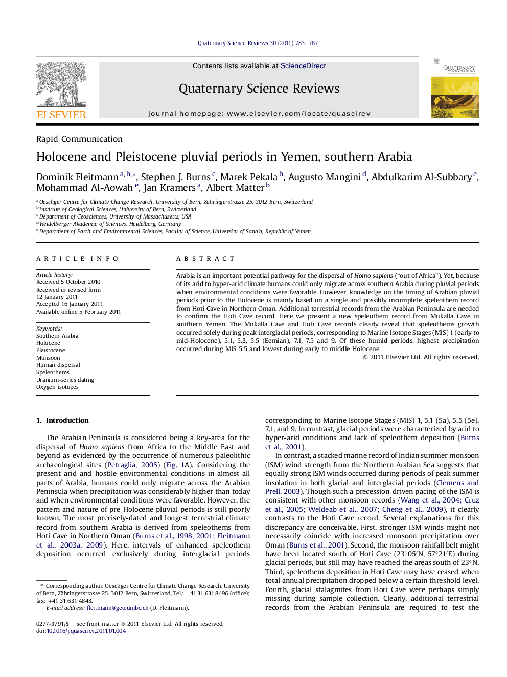 Holocene and Pleistocene pluvial periods in Yemen, southern Arabia