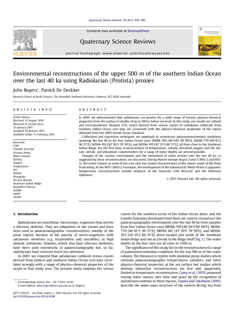 Environmental reconstructions of the upper 500 m of the southern Indian Ocean over the last 40 ka using Radiolarian (Protista) proxies