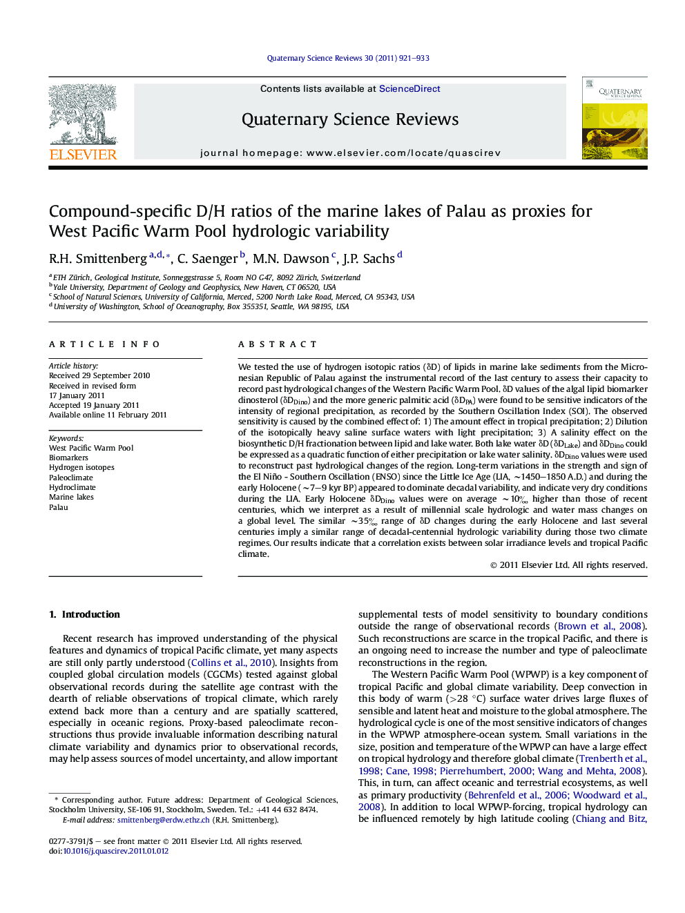 Compound-specific D/H ratios of the marine lakes of Palau as proxies for West Pacific Warm Pool hydrologic variability