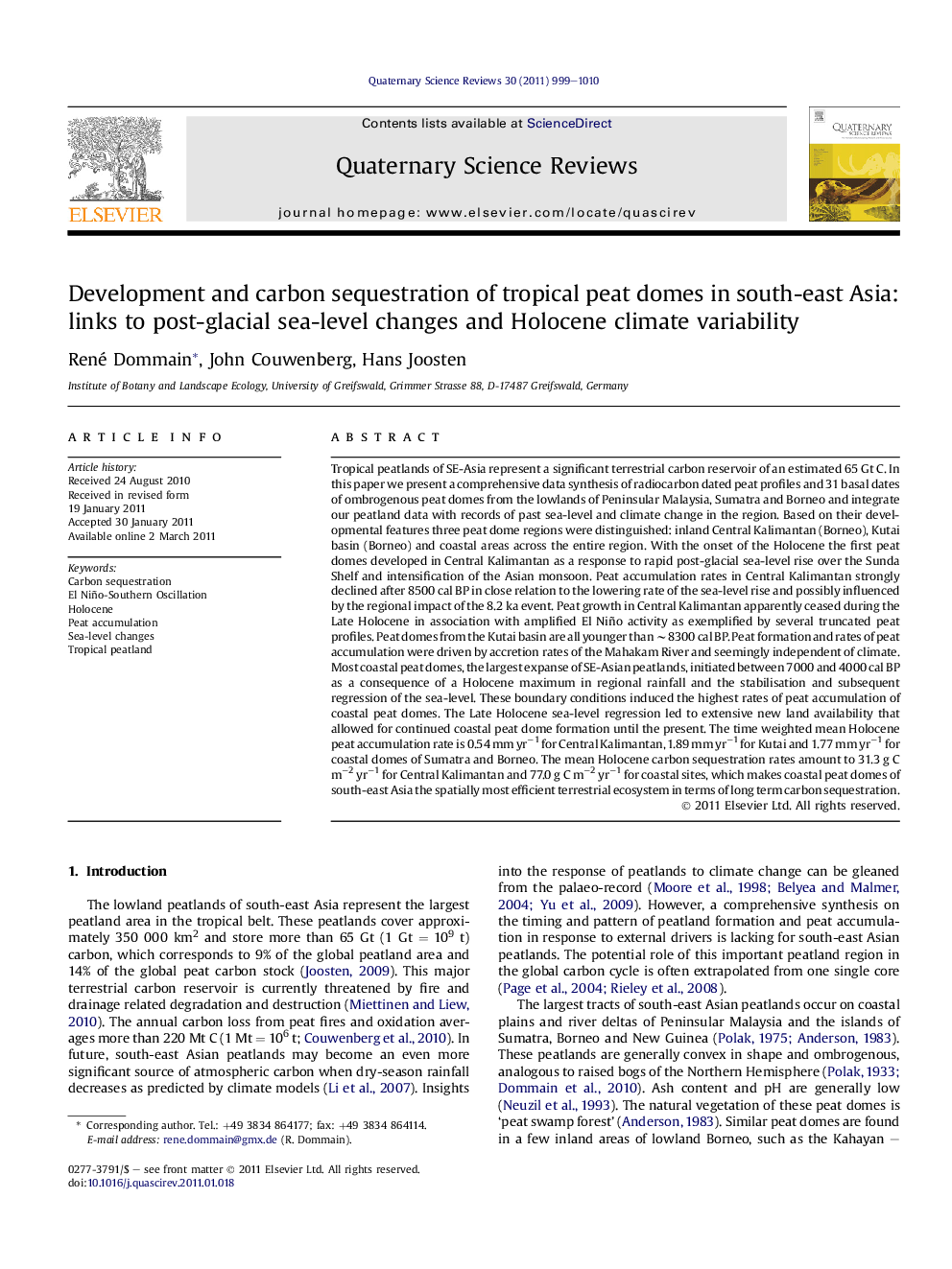 Development and carbon sequestration of tropical peat domes in south-east Asia: links to post-glacial sea-level changes and Holocene climate variability