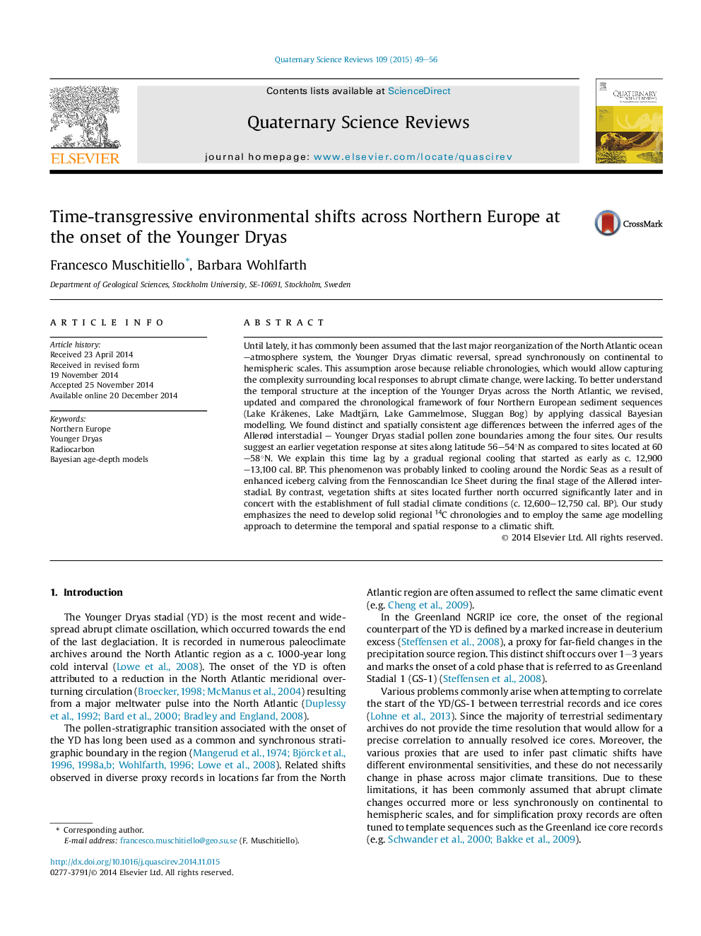 Time-transgressive environmental shifts across Northern Europe at the onset of the Younger Dryas