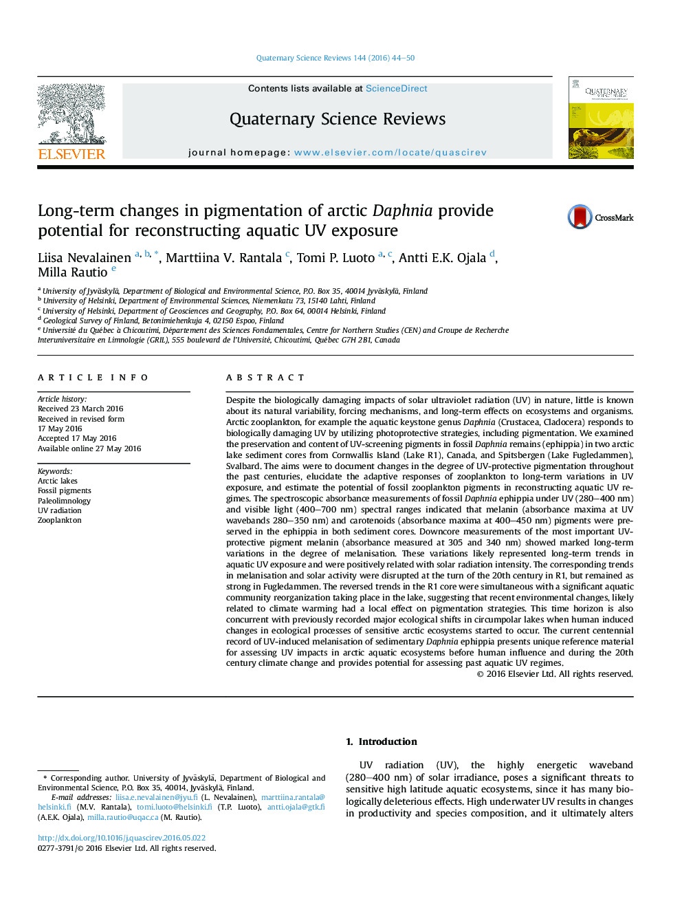 Long-term changes in pigmentation of arctic Daphnia provide potential for reconstructing aquatic UV exposure