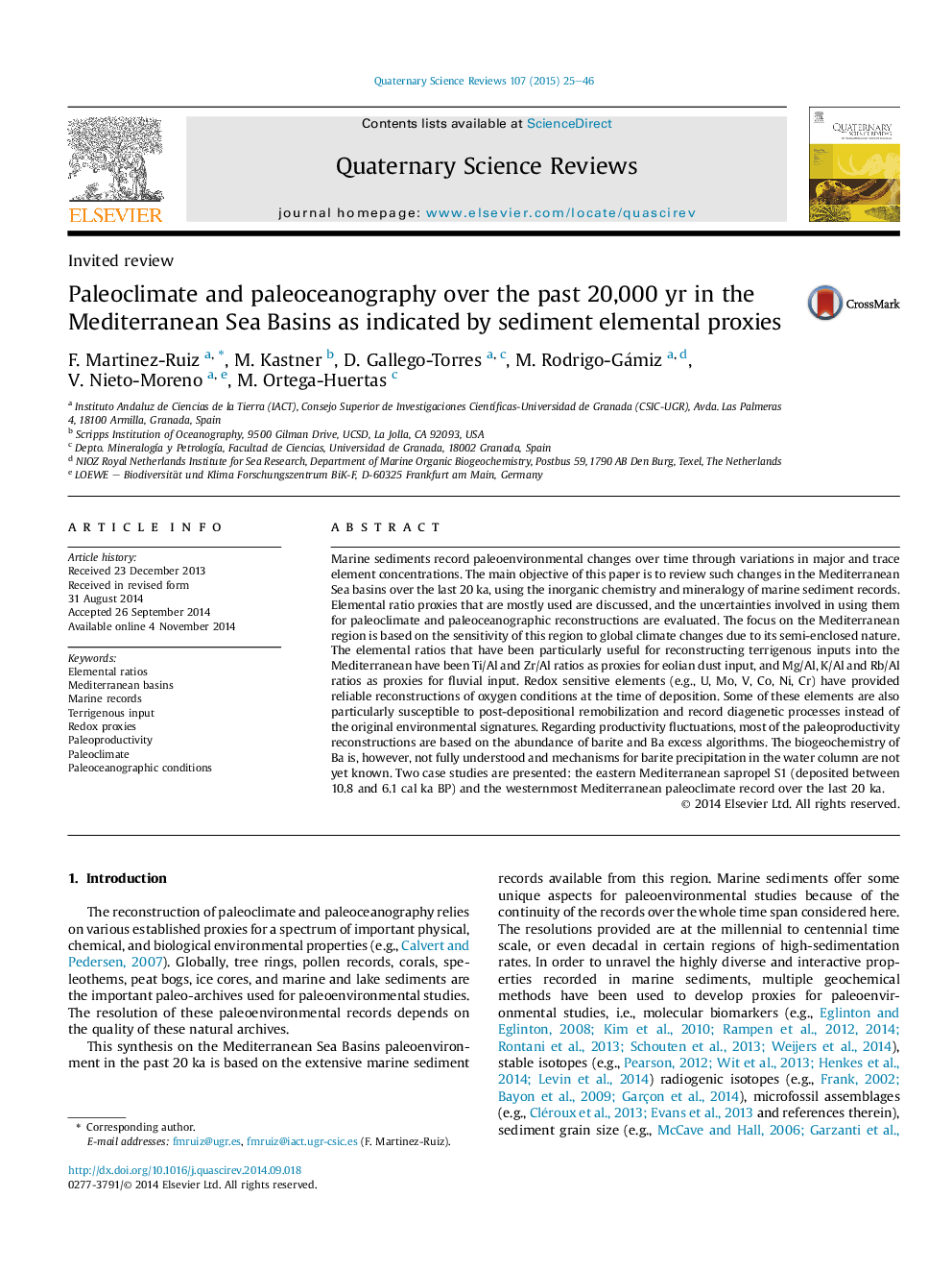 Paleoclimate and paleoceanography over the past 20,000 yr in the Mediterranean Sea Basins as indicated by sediment elemental proxies