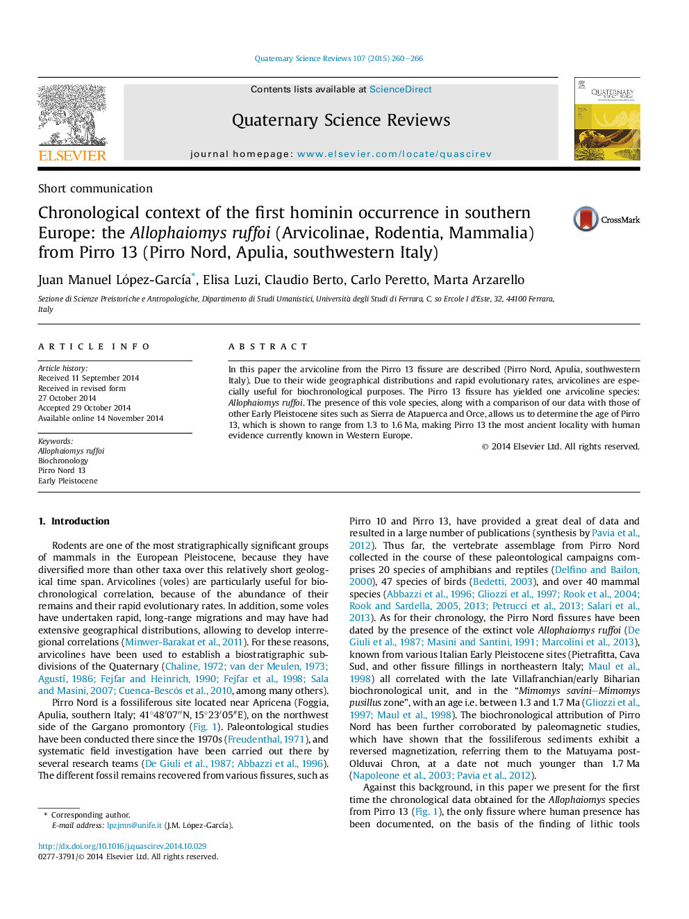 Chronological context of the first hominin occurrence in southern Europe: the Allophaiomys ruffoi (Arvicolinae, Rodentia, Mammalia) from Pirro 13 (Pirro Nord, Apulia, southwestern Italy)