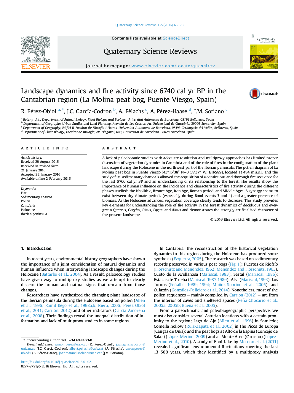 Landscape dynamics and fire activity since 6740 cal yr BP in the Cantabrian region (La Molina peat bog, Puente Viesgo, Spain)