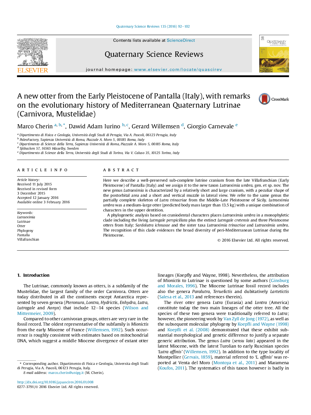 A new otter from the Early Pleistocene of Pantalla (Italy), with remarks on the evolutionary history of Mediterranean Quaternary Lutrinae (Carnivora, Mustelidae)