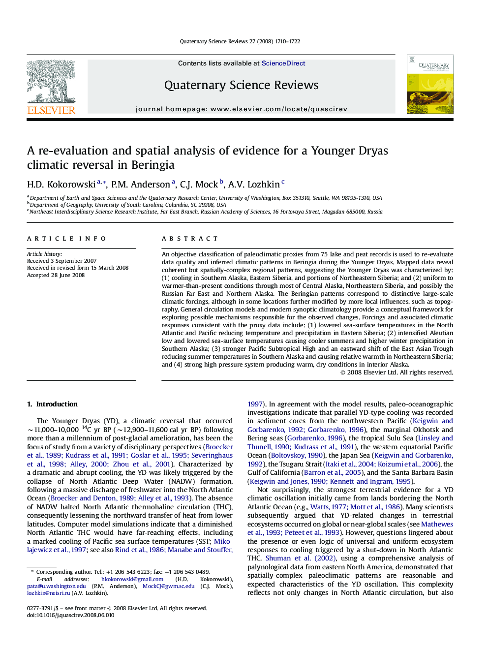 A re-evaluation and spatial analysis of evidence for a Younger Dryas climatic reversal in Beringia