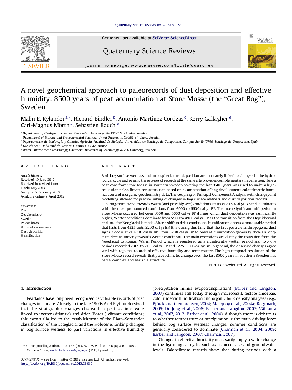 A novel geochemical approach to paleorecords of dust deposition and effective humidity: 8500 years of peat accumulation at Store Mosse (the “Great Bog”), Sweden