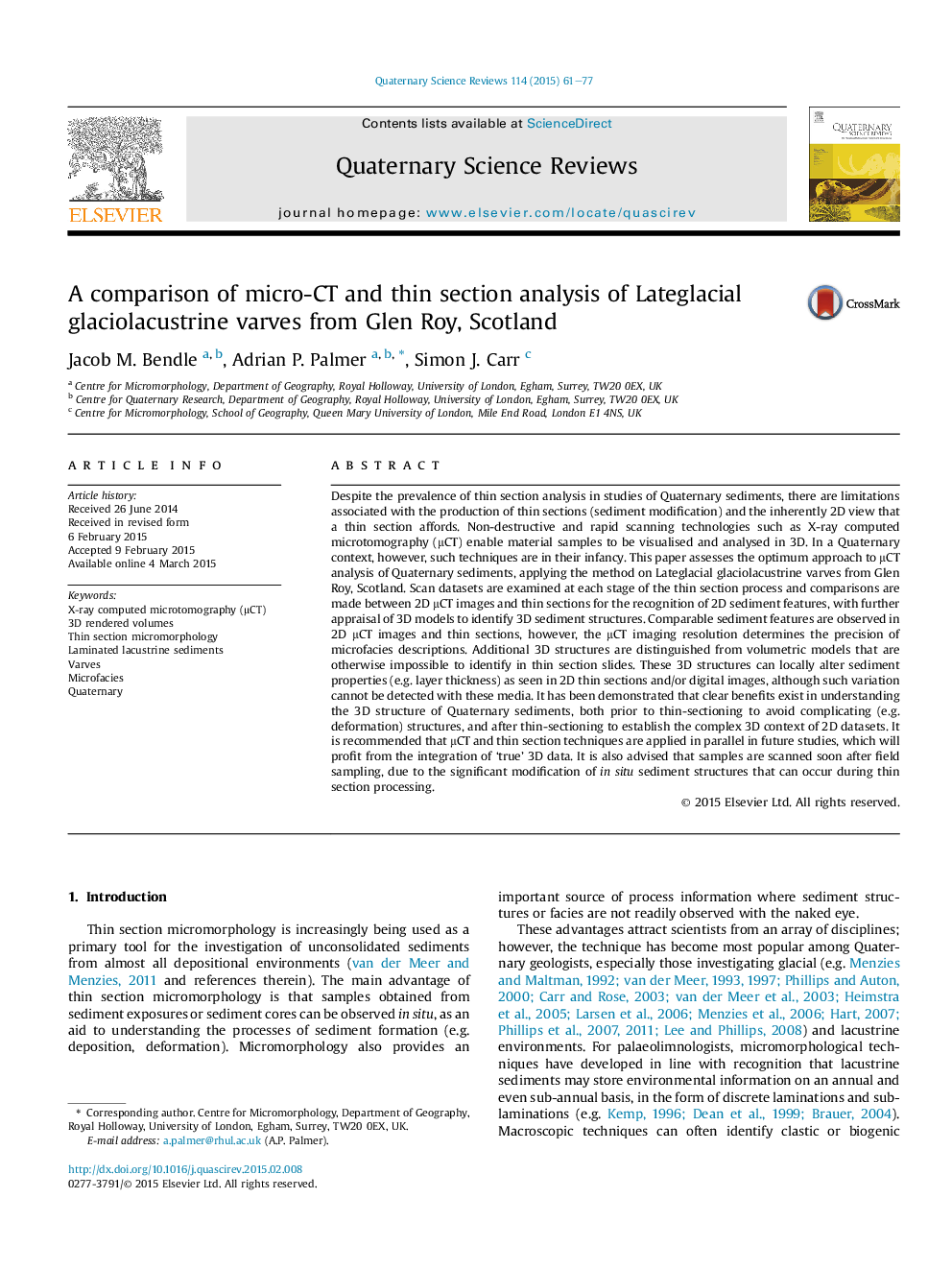 A comparison of micro-CT and thin section analysis of Lateglacial glaciolacustrine varves from Glen Roy, Scotland