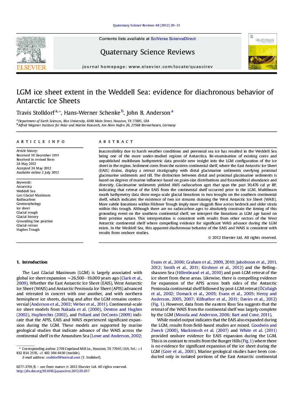 LGM ice sheet extent in the Weddell Sea: evidence for diachronous behavior of Antarctic Ice Sheets