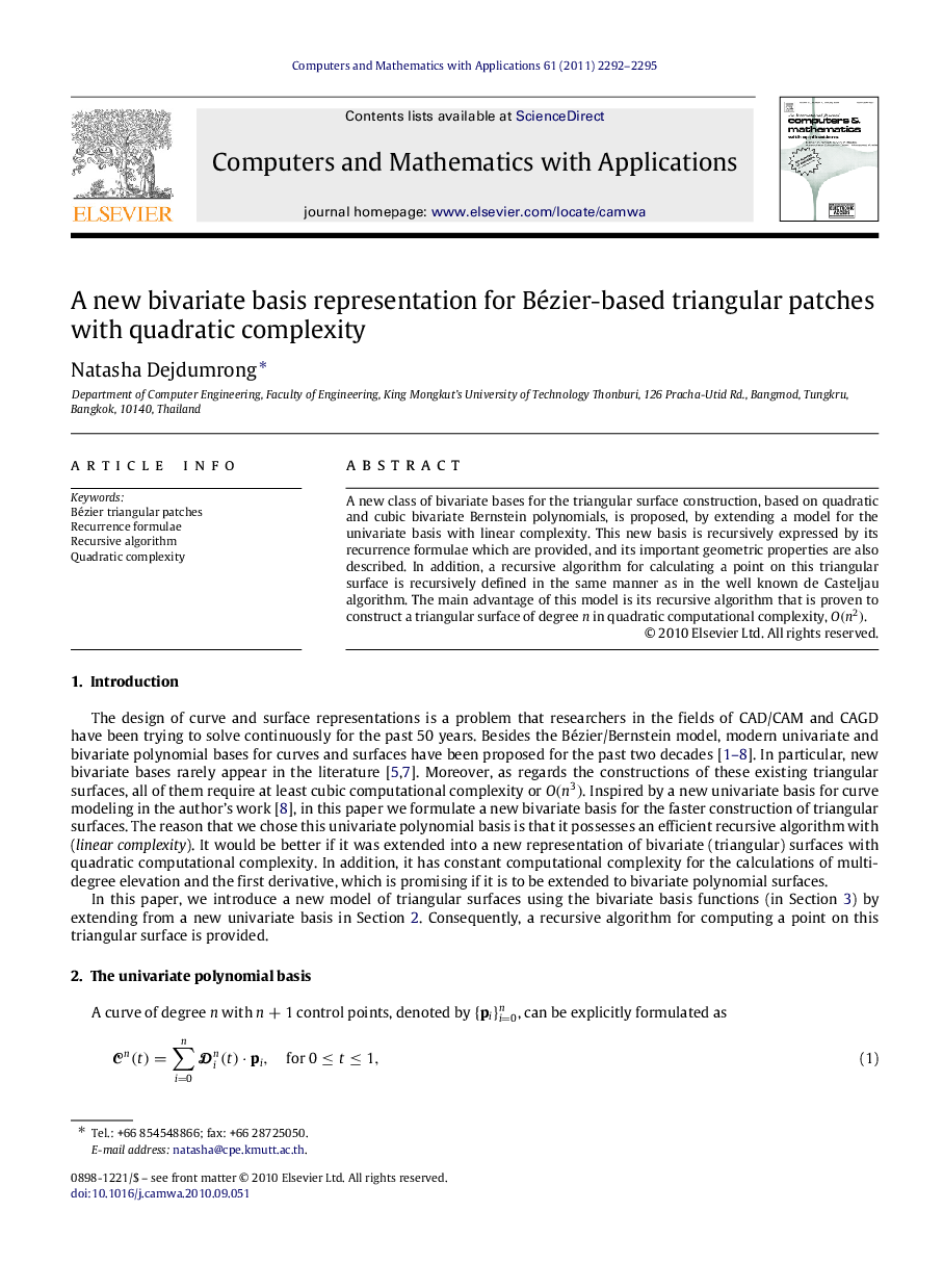 A new bivariate basis representation for Bézier-based triangular patches with quadratic complexity