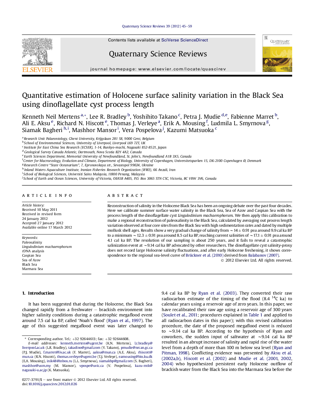 Quantitative estimation of Holocene surface salinity variation in the Black Sea using dinoflagellate cyst process length