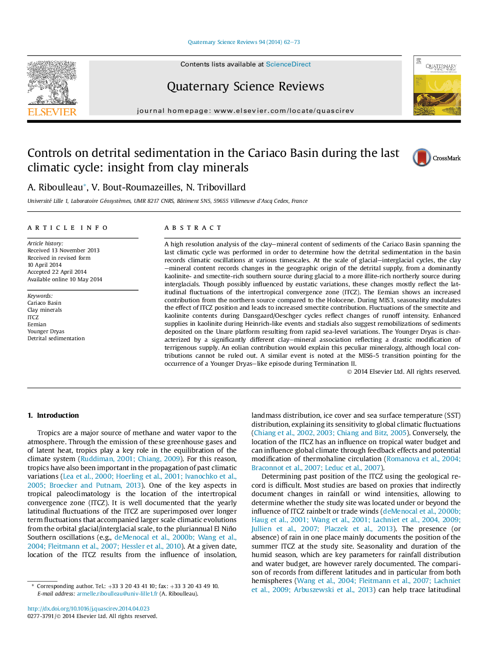 Controls on detrital sedimentation in the Cariaco Basin during the last climatic cycle: insight from clay minerals