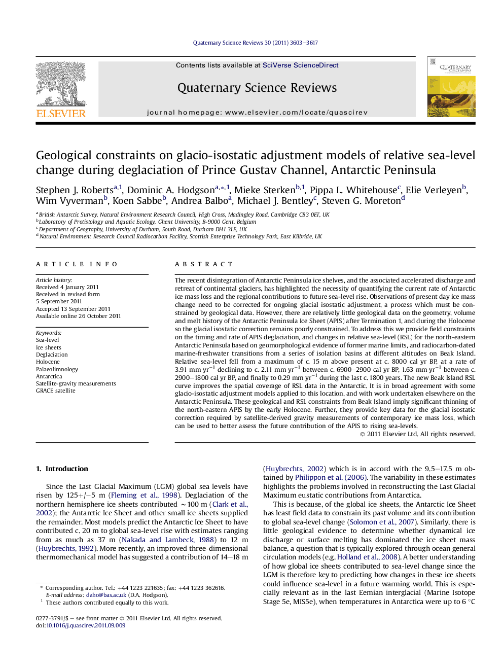 عکس صفحه اول مقاله: Geological constraints on glacio-isostatic adjustment models of relative sea-level change during deglaciation of Prince Gustav Channel, Antarctic Peninsula Geological constraints on glacio-isostatic adjustment models of relative sea-level change during deglaciation of Prince Gustav Channel, Antarctic Peninsula
