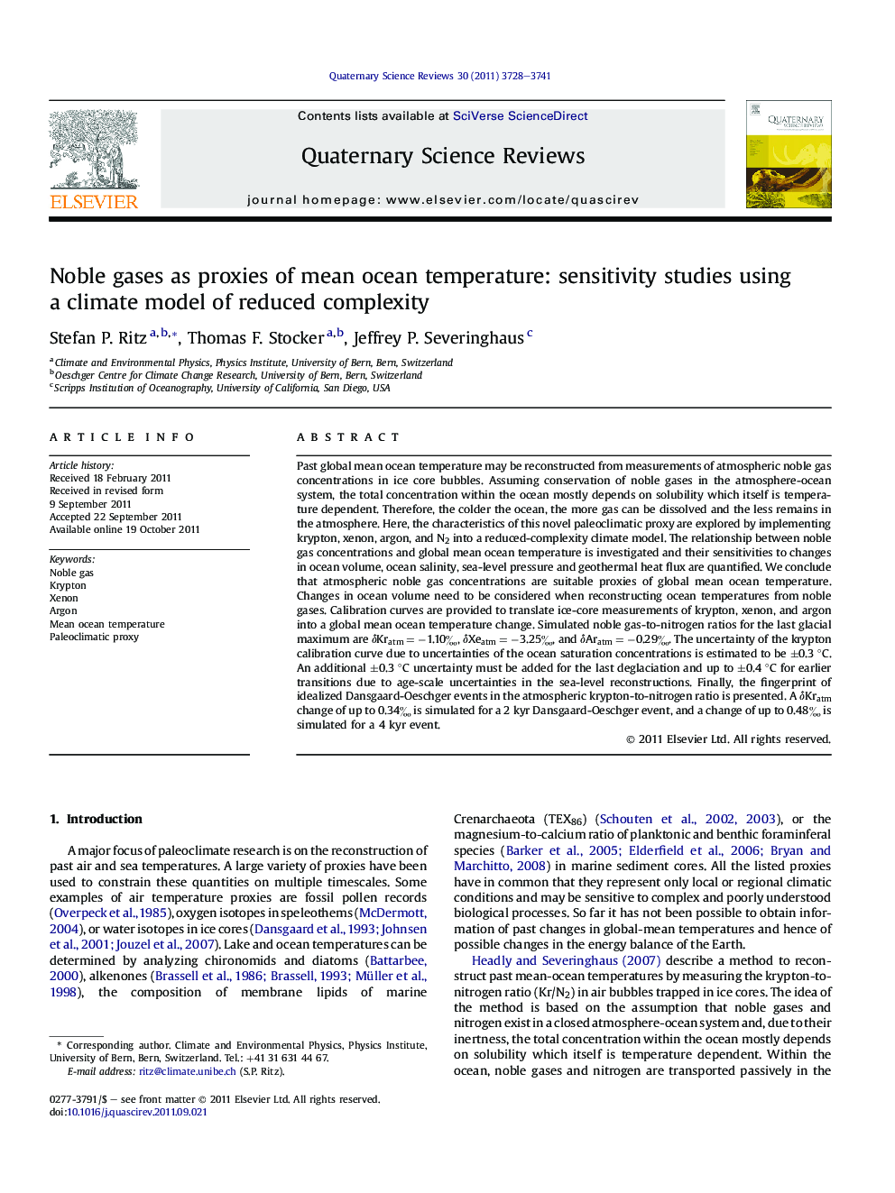 Noble gases as proxies of mean ocean temperature: sensitivity studies using a climate model of reduced complexity