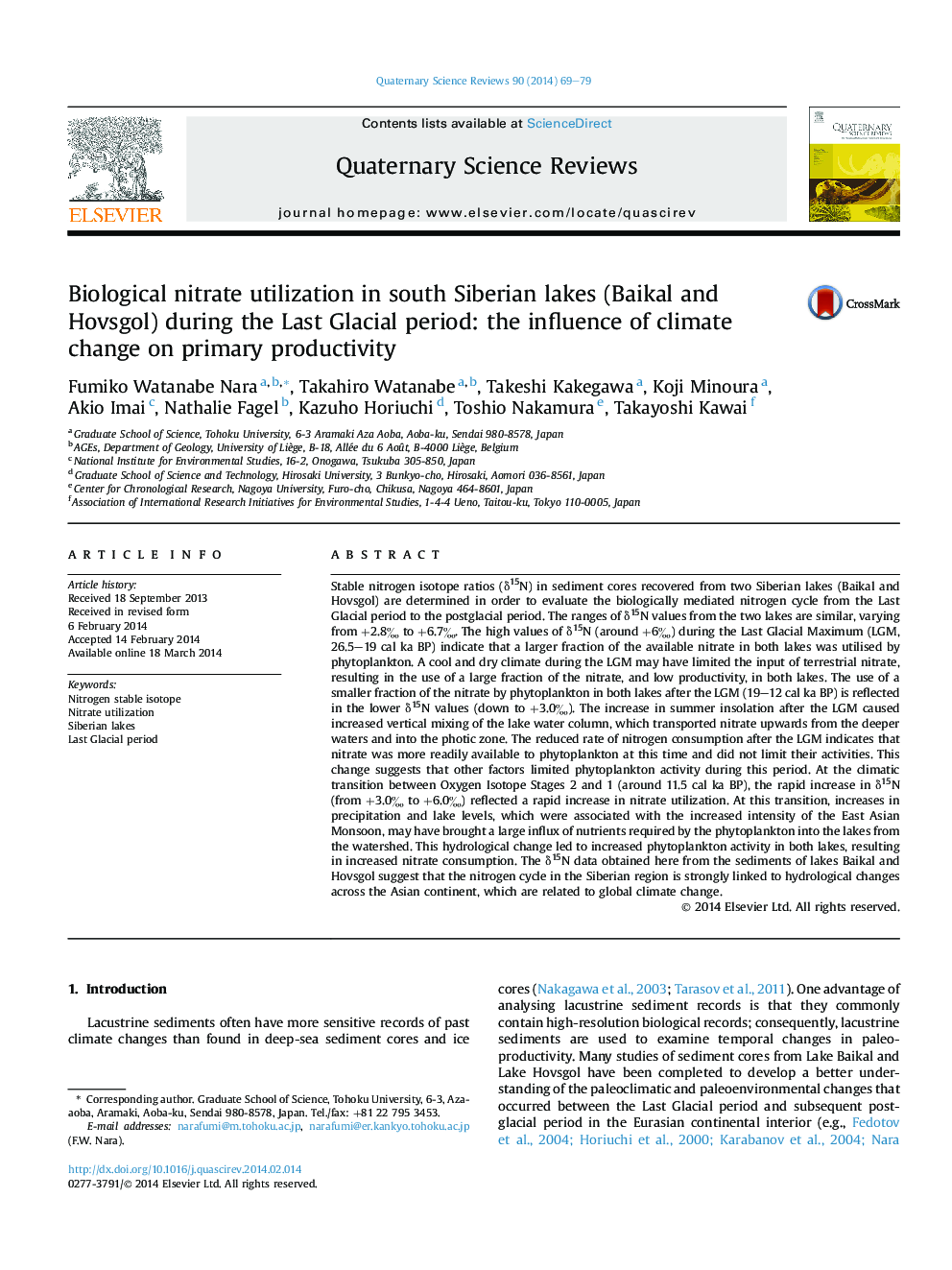 Biological nitrate utilization in south Siberian lakes (Baikal and Hovsgol) during the Last Glacial period: the influence of climate change on primary productivity