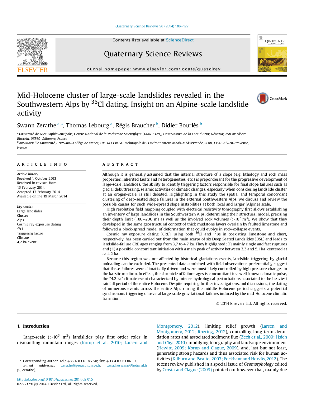 Mid-Holocene cluster of large-scale landslides revealed in the Southwestern Alps by 36Cl dating. Insight on an Alpine-scale landslide activity