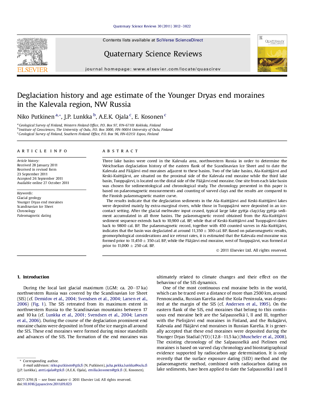 Deglaciation history and age estimate of the Younger Dryas end moraines in the Kalevala region, NW Russia