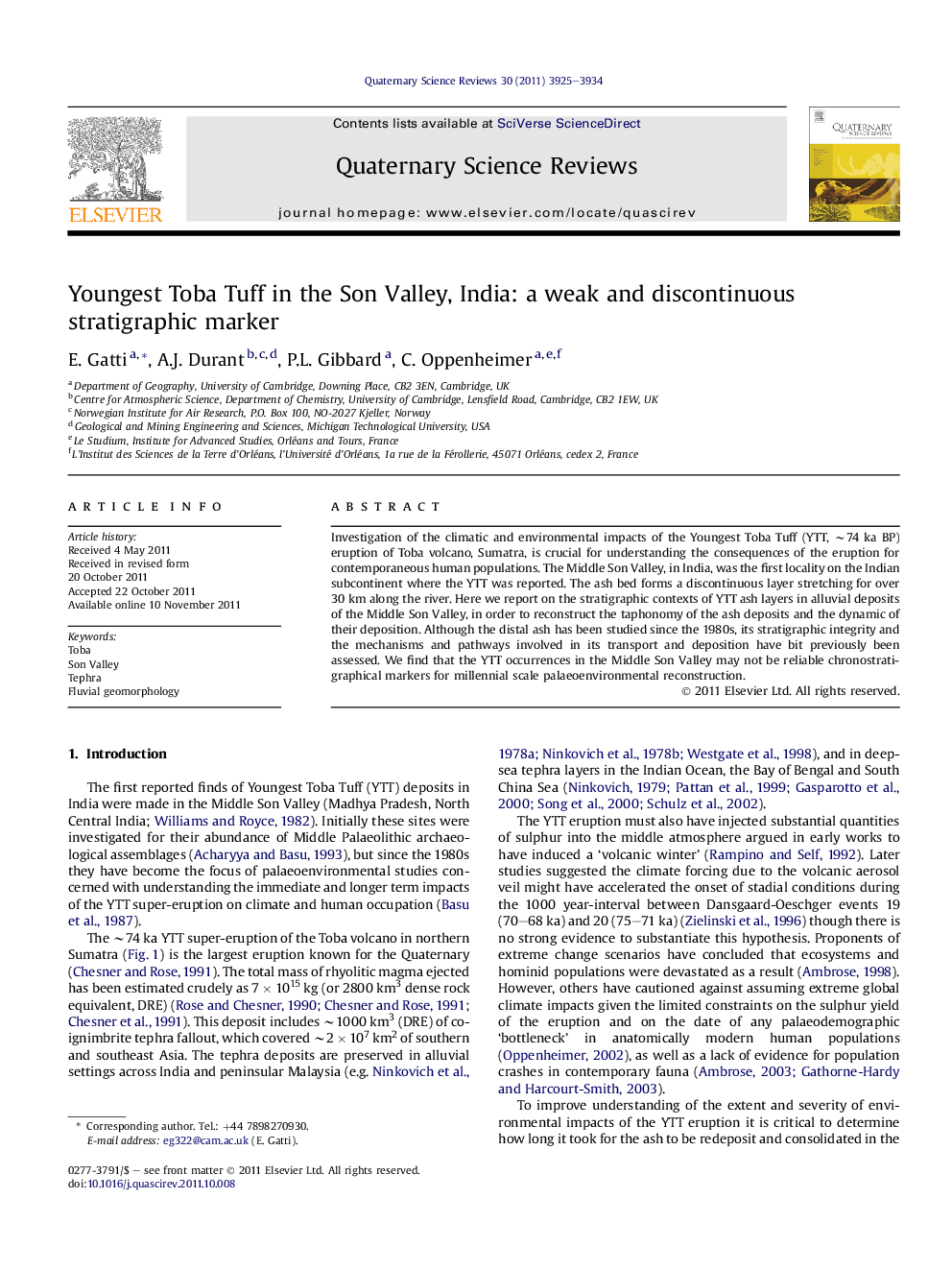 Youngest Toba Tuff in the Son Valley, India: a weak and discontinuous stratigraphic marker