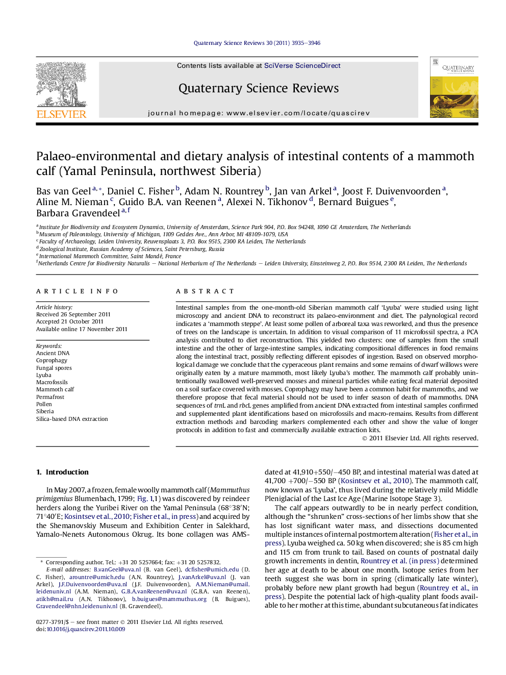 Palaeo-environmental and dietary analysis of intestinal contents of a mammoth calf (Yamal Peninsula, northwest Siberia)