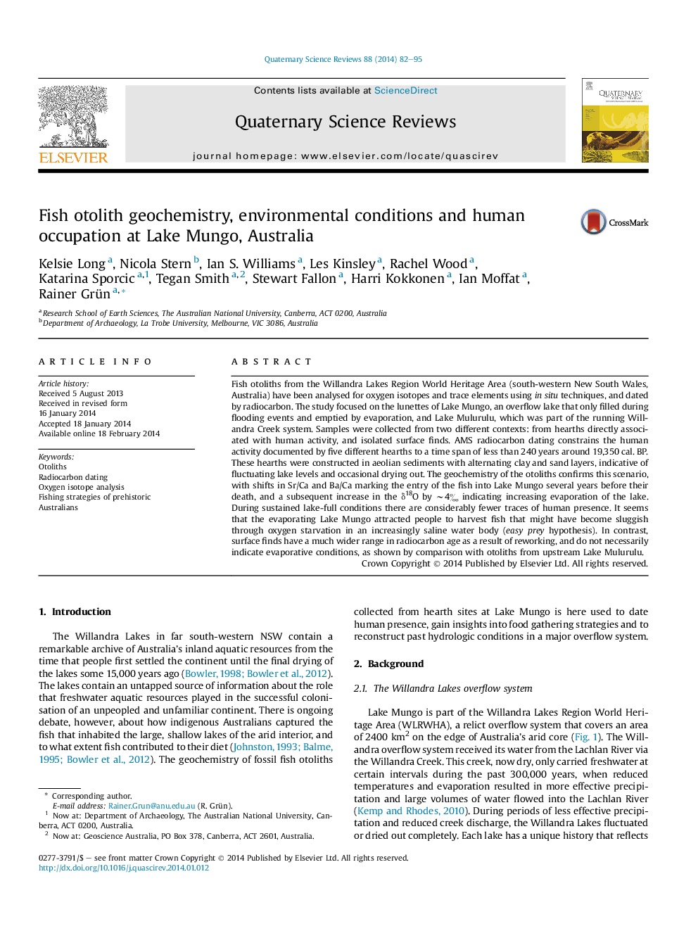 Fish otolith geochemistry, environmental conditions and human occupation at Lake Mungo, Australia