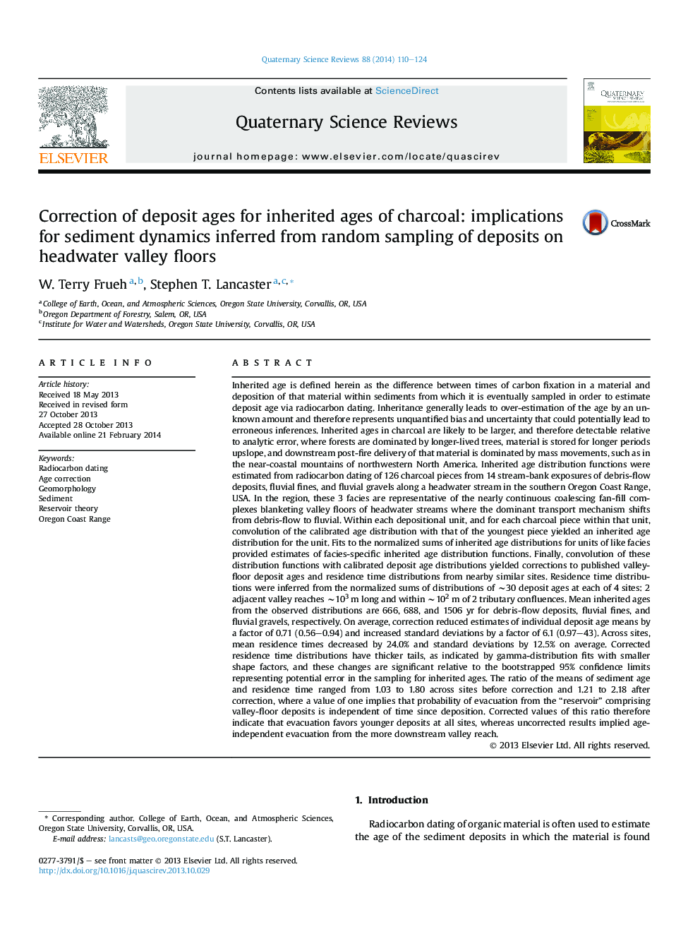 Correction of deposit ages for inherited ages of charcoal: implications for sediment dynamics inferred from random sampling of deposits on headwater valley floors