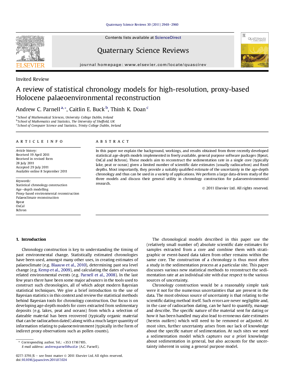 A review of statistical chronology models for high-resolution, proxy-based Holocene palaeoenvironmental reconstruction