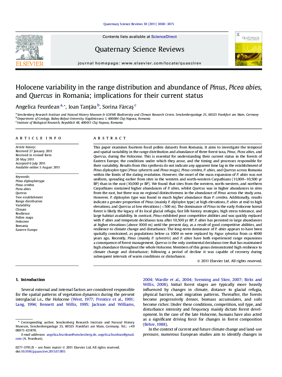 Holocene variability in the range distribution and abundance of Pinus, Picea abies, and Quercus in Romania; implications for their current status