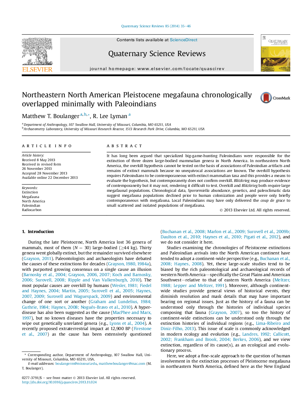 Northeastern North American Pleistocene megafauna chronologically overlapped minimally with Paleoindians