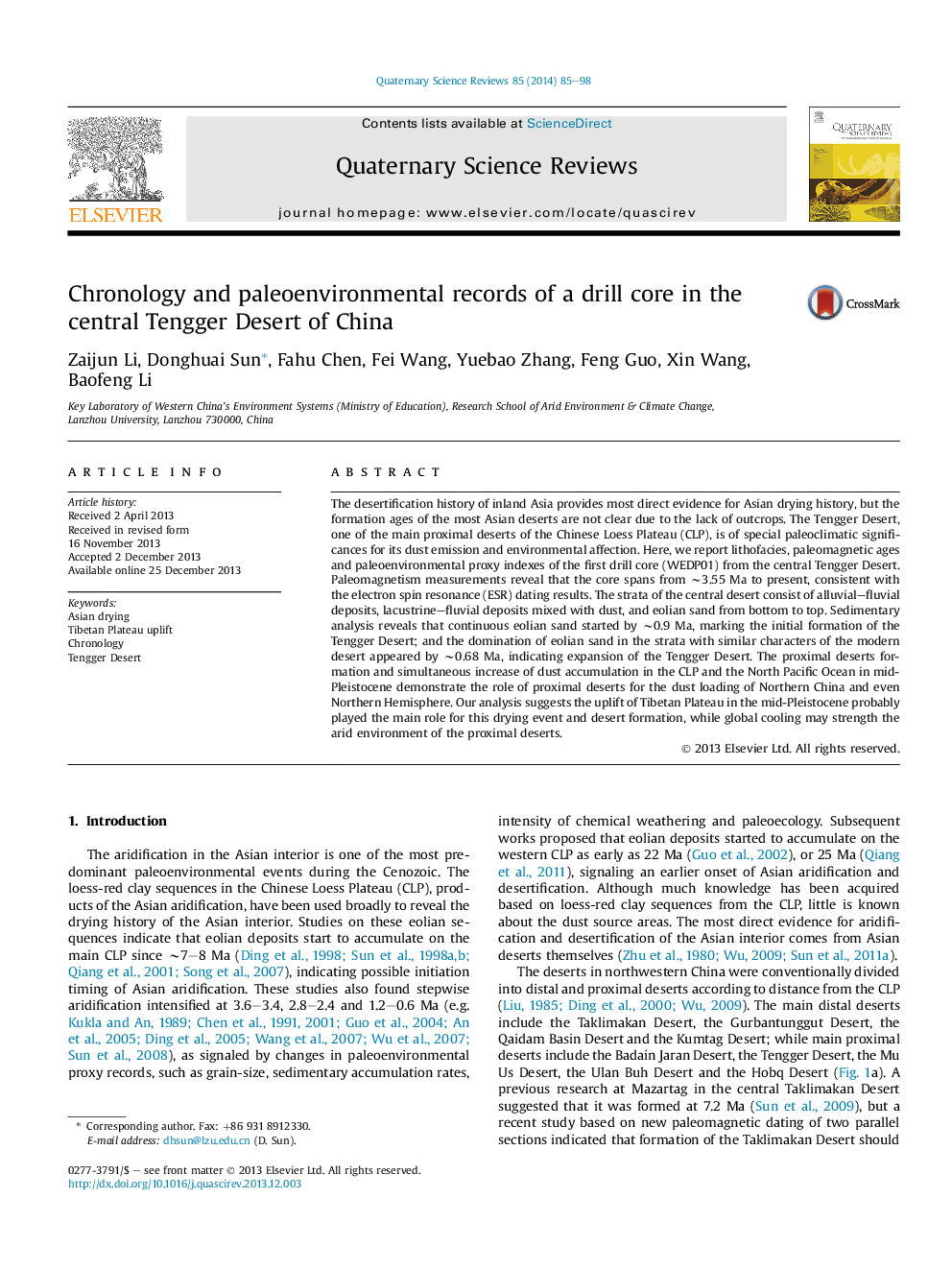 Chronology and paleoenvironmental records of a drill core in the central Tengger Desert of China