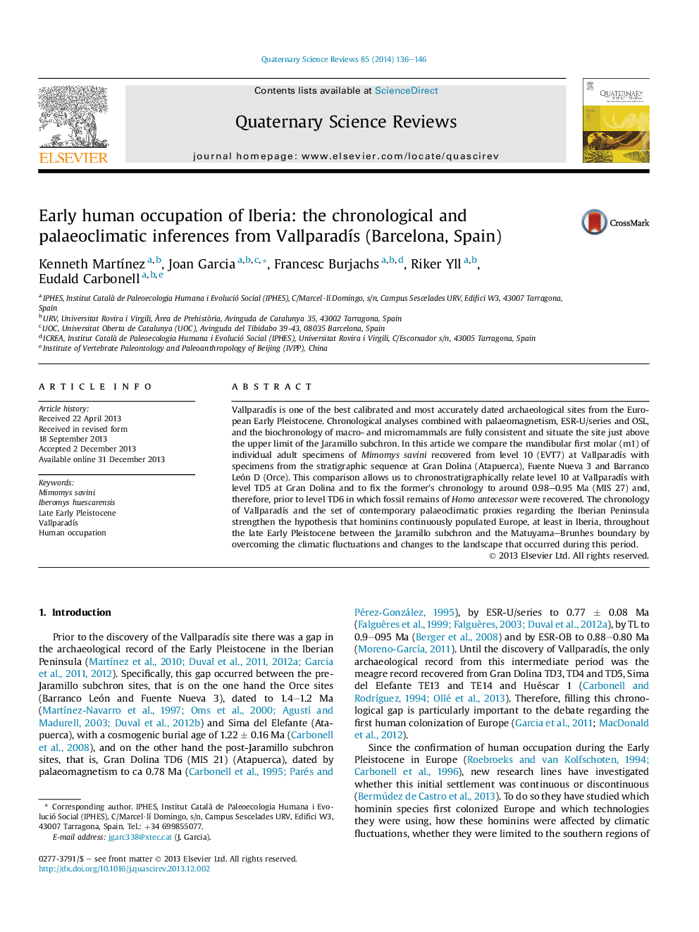 Early human occupation of Iberia: the chronological and palaeoclimatic inferences from Vallparadís (Barcelona, Spain)