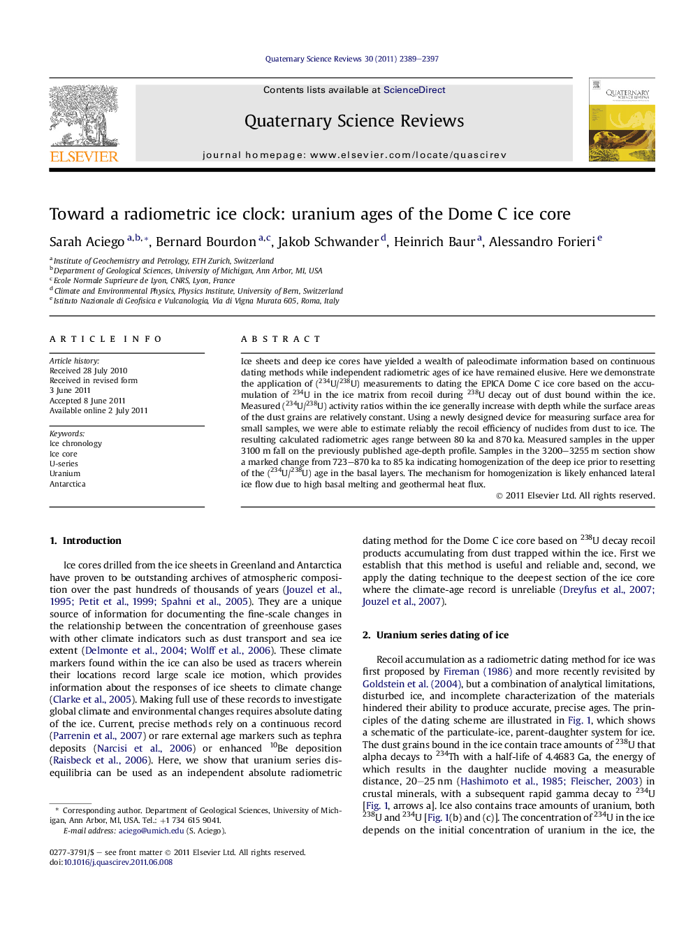 Toward a radiometric ice clock: uranium ages of the Dome C ice core