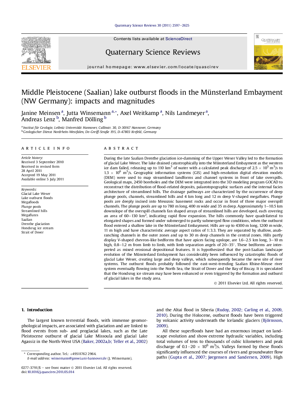 Middle Pleistocene (Saalian) lake outburst floods in the Münsterland Embayment (NW Germany): impacts and magnitudes