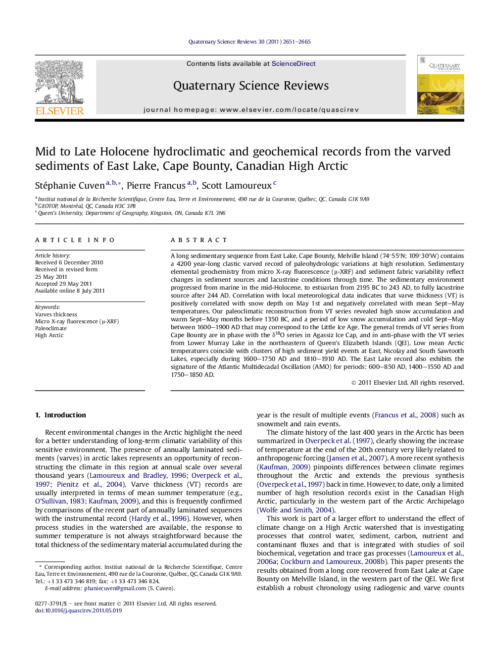 Mid to Late Holocene hydroclimatic and geochemical records from the varved sediments of East Lake, Cape Bounty, Canadian High Arctic