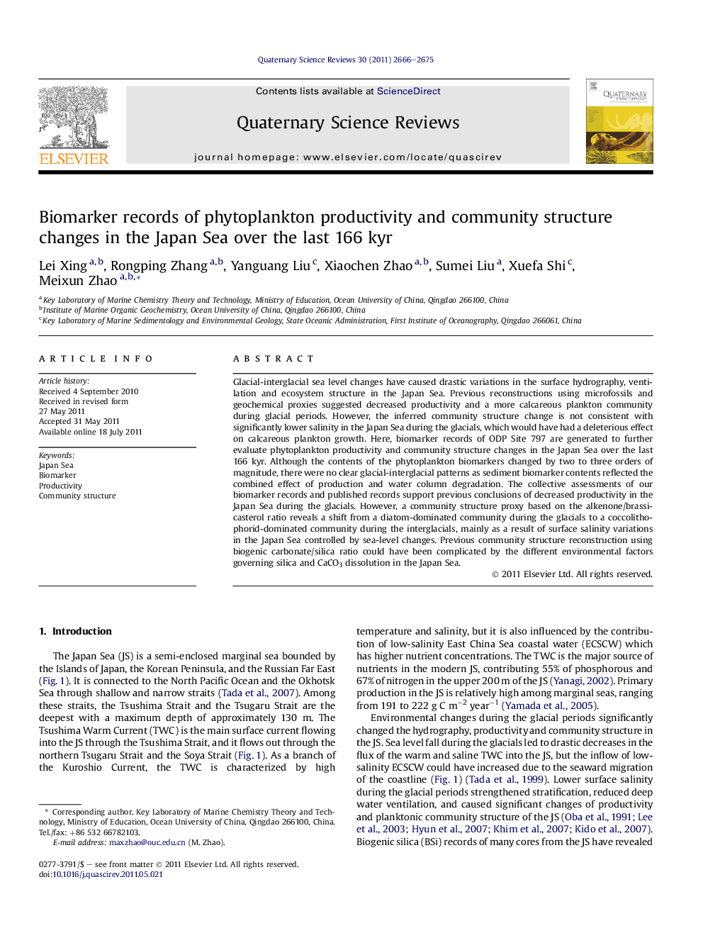 Biomarker records of phytoplankton productivity and community structure changes in the Japan Sea over the last 166 kyr