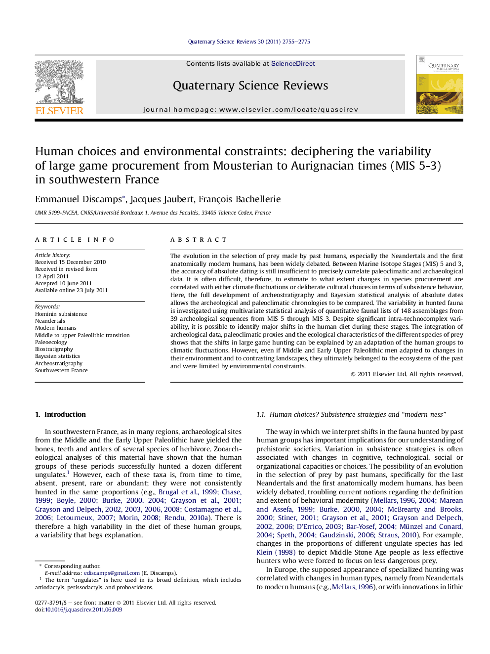 Human choices and environmental constraints: deciphering the variability of large game procurement from Mousterian to Aurignacian times (MIS 5-3) in southwestern France