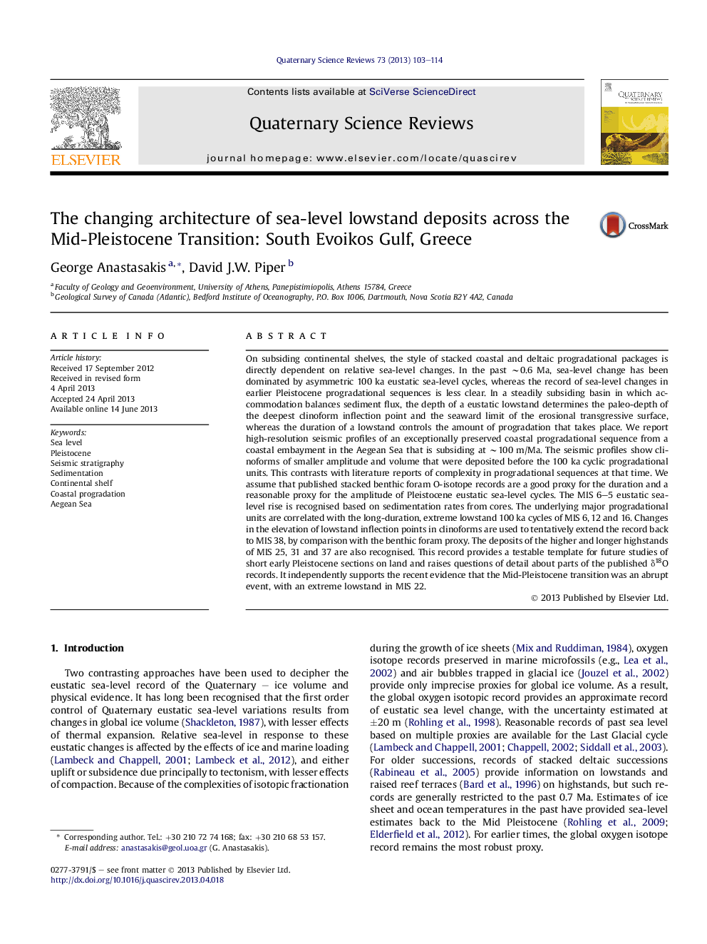 عکس صفحه اول مقاله: The changing architecture of sea-level lowstand deposits across the Mid-Pleistocene Transition: South Evoikos Gulf, Greece The changing architecture of sea-level lowstand deposits across the Mid-Pleistocene Transition: South Evoikos Gulf, Greece