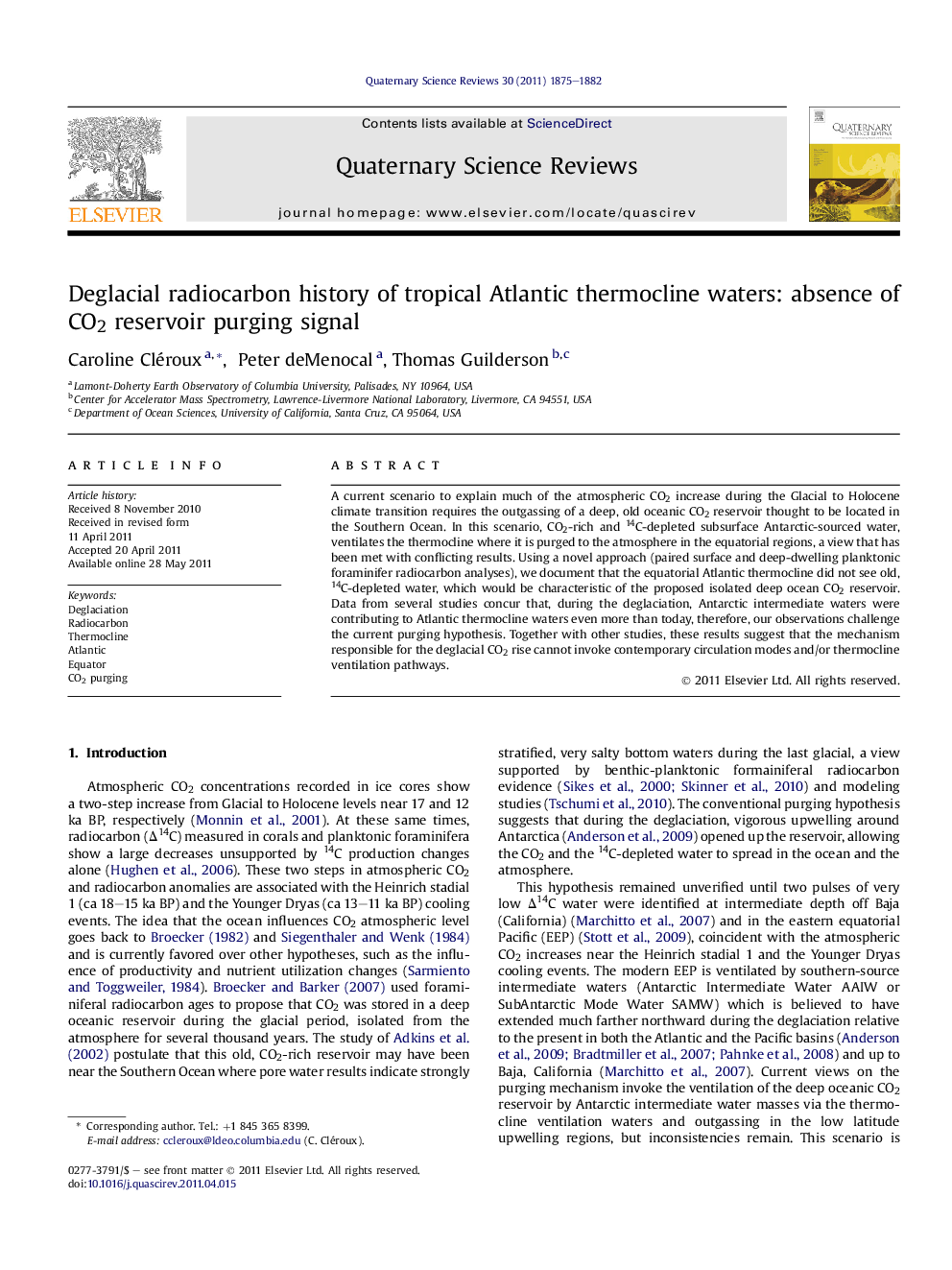 Deglacial radiocarbon history of tropical Atlantic thermocline waters: absence of CO2 reservoir purging signal