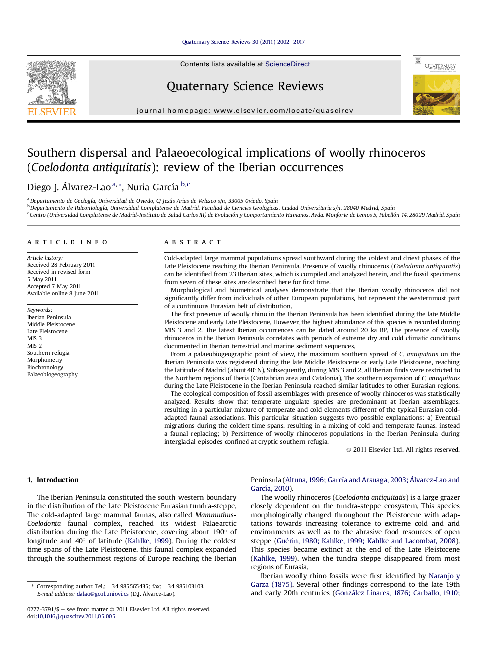 پراکندگی جنوبی و پیامدهای Palaeoecological از کرگدن پشمالو (Coelodonta antiquitatis): بررسی از وقوع ایبری