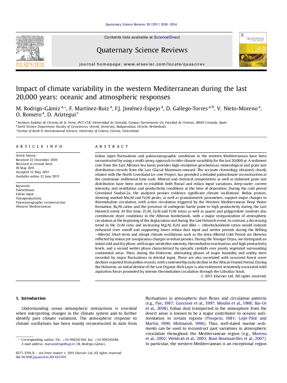 Impact of climate variability in the western Mediterranean during the last 20,000 years: oceanic and atmospheric responses