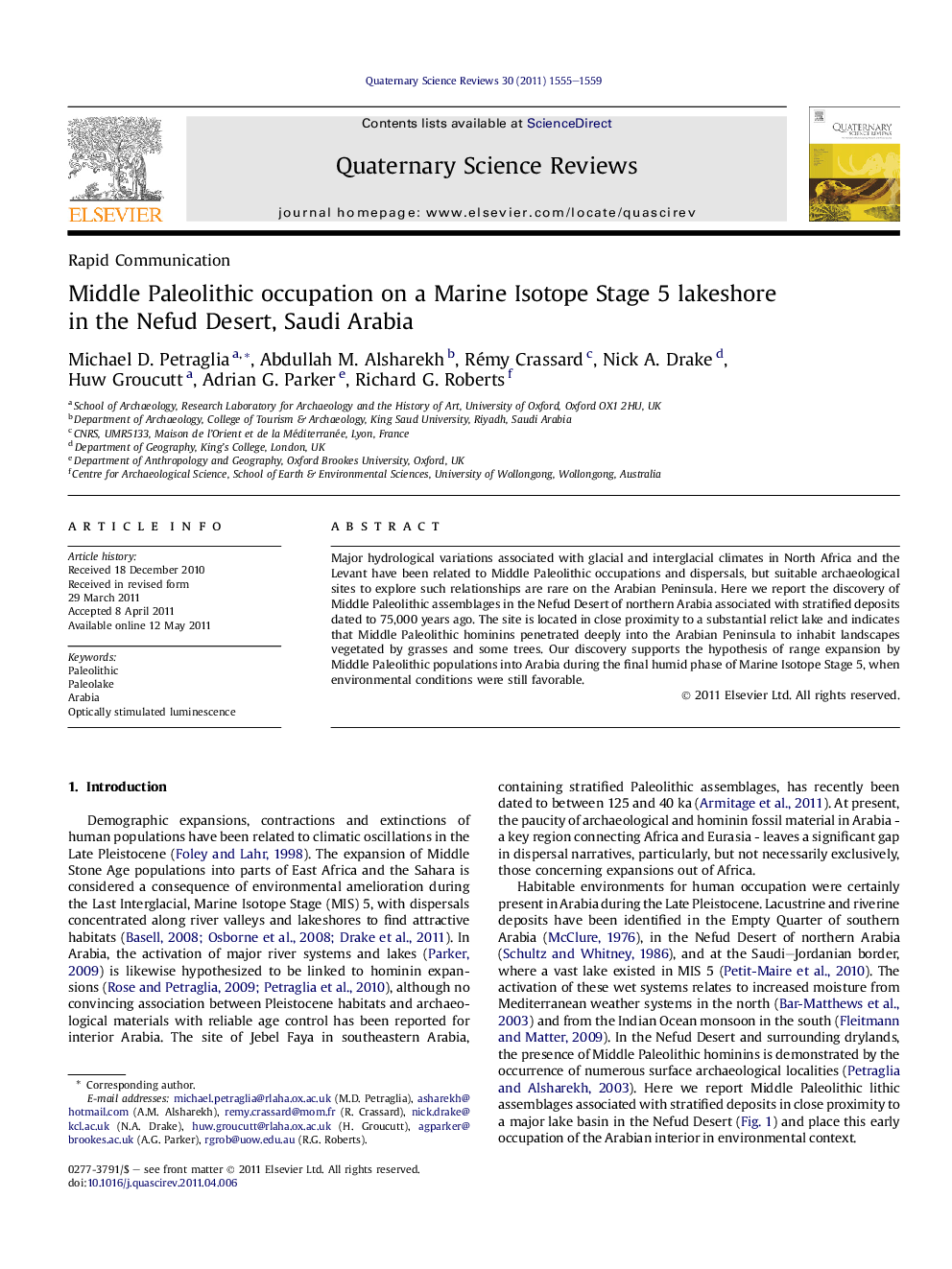 Middle Paleolithic occupation on a Marine Isotope Stage 5 lakeshore in the Nefud Desert, Saudi Arabia