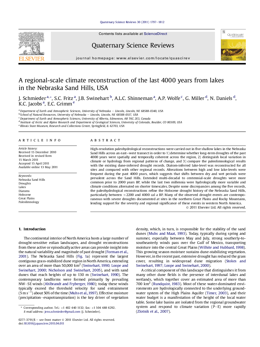 A regional-scale climate reconstruction of the last 4000 years from lakes in the Nebraska Sand Hills, USA